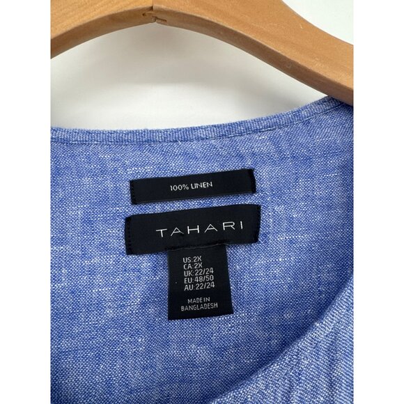 Tahari Womens 100% Linen Top tunic Blue size 2X plus roll tab sleeve lagenlook - Picture 2 of 3